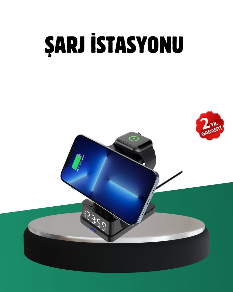 Kablosuz Şarjlı Dijital Masa Saati – 3 Parlaklık Seviyeli LED Hızlı Şarj Apple Uyumlu