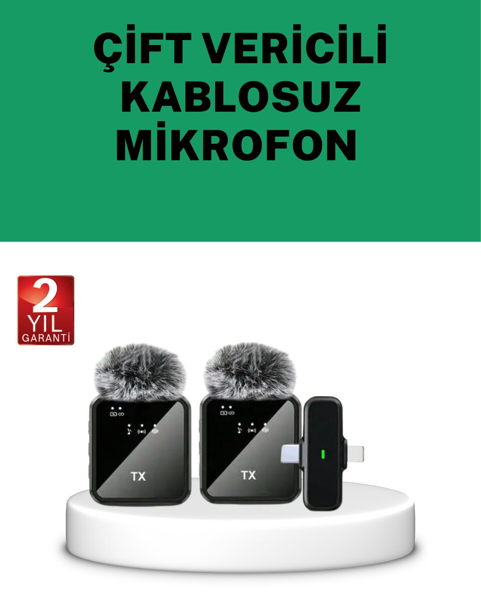 Canlı Yayın ve Video Çekimleri İçin Çiftli Kablosuz Yaka Mikrofon