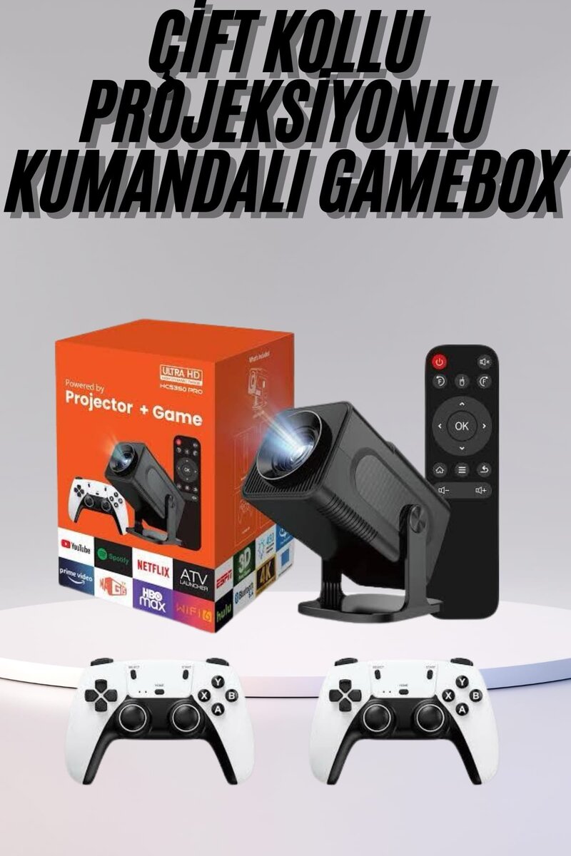 Çift Kollu Game Box Projeksiyon Cihazı Kumandalı Android Tv Dahili Hoparlör
