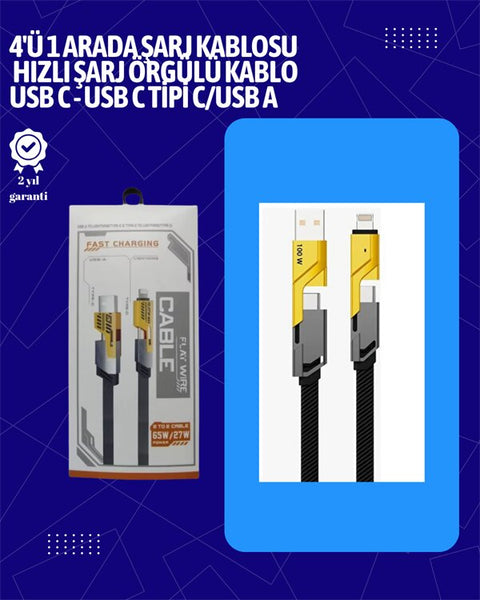USB-C ve Lightning Uyumlu 4'ü 1 Arada Kablo – 65W Hızlı Şarj Örgülü Dayanıklı Yapı