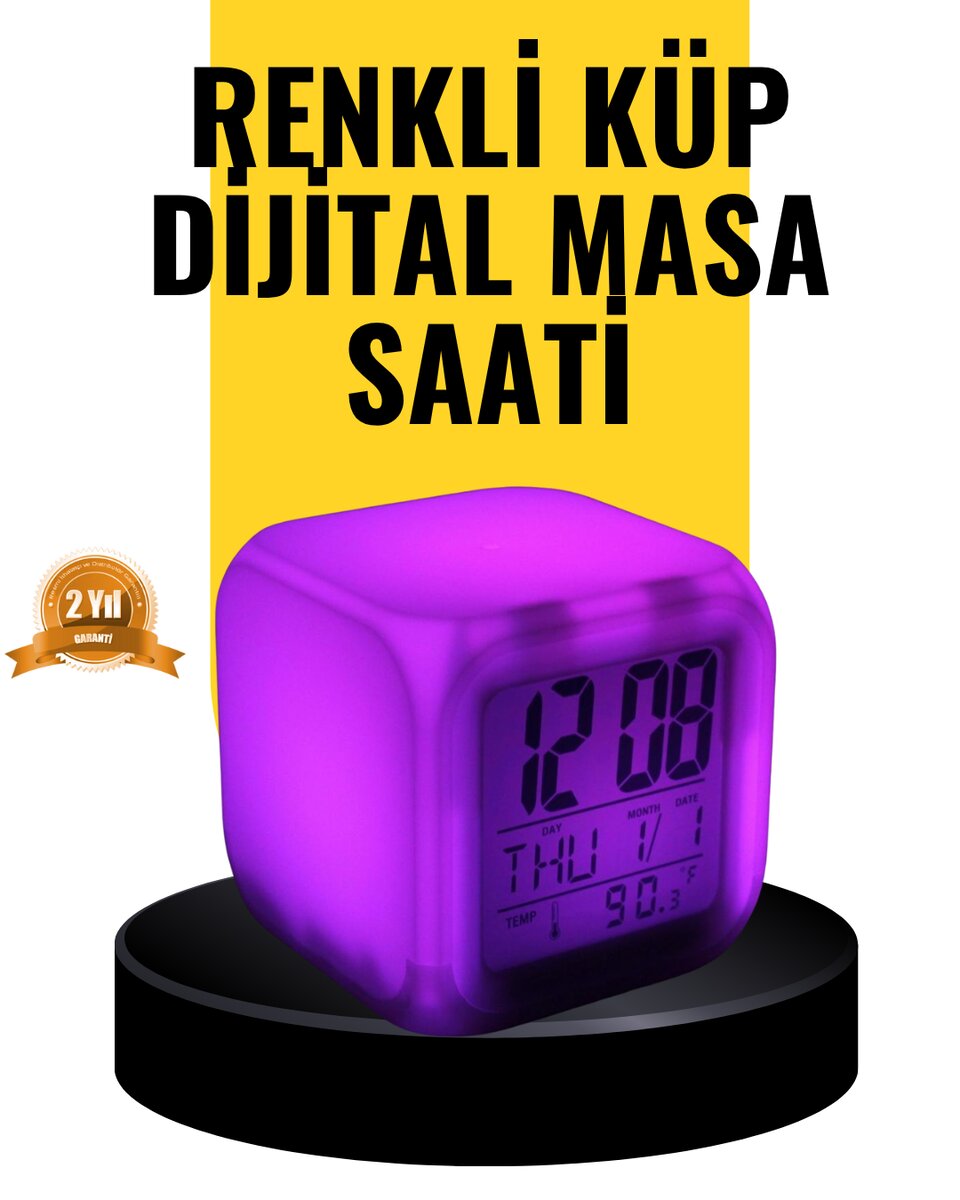 7 Renk LED Işıklı Alarmlı Dijital Küp Masa Saati Termometreli