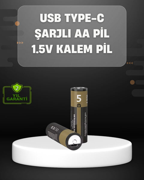 USB Type-C Girişli Şarjlı AA Lityum Pil | 1.5V Sabit Çıkış | 3200mWh (2'li Paket)