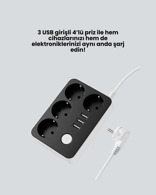 3 USB Çıkışlı 4’lü Akıllı Priz 2500W 2 Metre Kablo - görsel 2