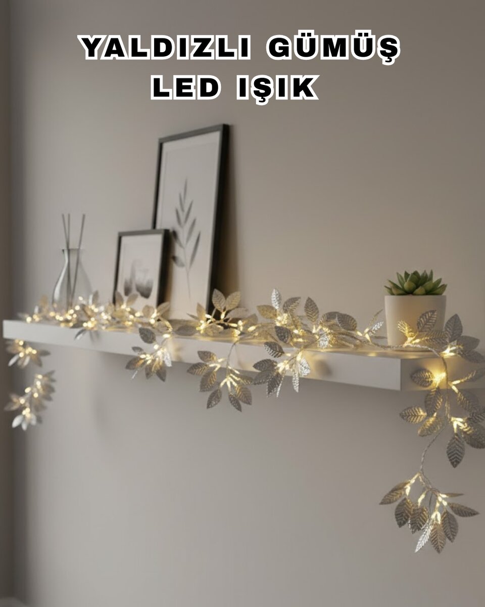 Yaldızlı Gümüş Yaprak LED Işık Pilli Dekoratif Ortam ve Yılbaşı Aydınlatması
