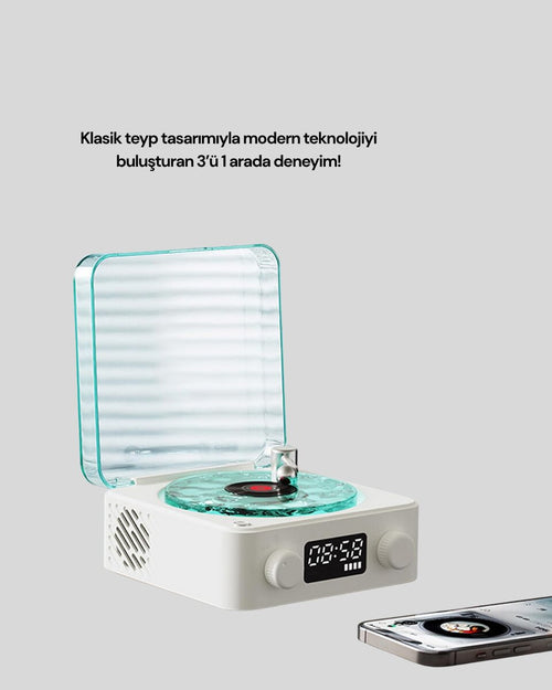 3-1 Kablosuz Bluetooth Hoparlör – Gece Lambalı Saatli Retro Tasarım - görsel 2