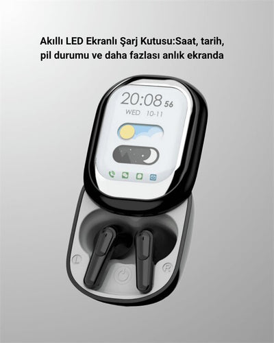 Akıllı Ekranlı Bluetooth 5.4 Kablosuz Kulaklık – Dokunmatik ve Şarj Kutulu