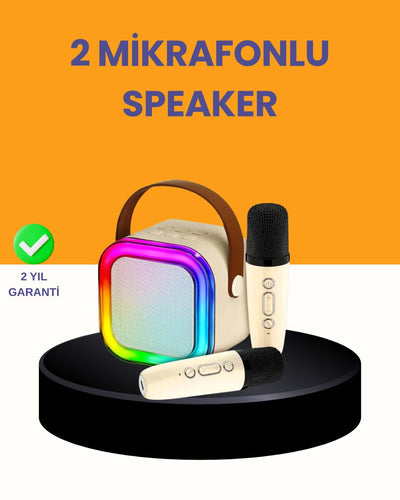 Çift Mikrofonlu Kompakt Karaoke Hoparlör – Uzun Pil Ömrü