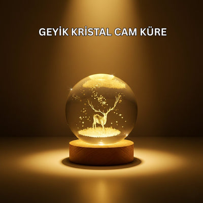 USB Bağlantılı Geyik Temalı Kristal Küre Premium Masa Gece Lambası