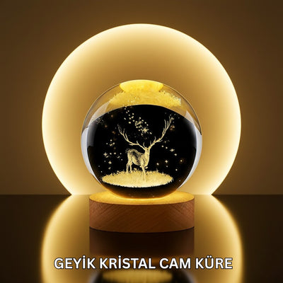 Doğal Ahşap Standlı Geyik Figürlü Kristal Küre LED Dekoratif Lamba