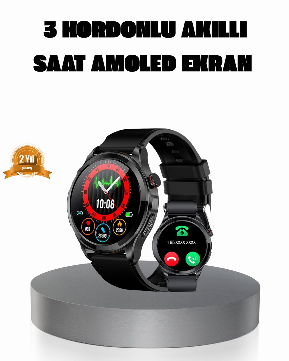 Amoled Ekranlı Smartwatch – 3 Kordonlu Kalp Atış & Uyku Takipli Akıllı Saat