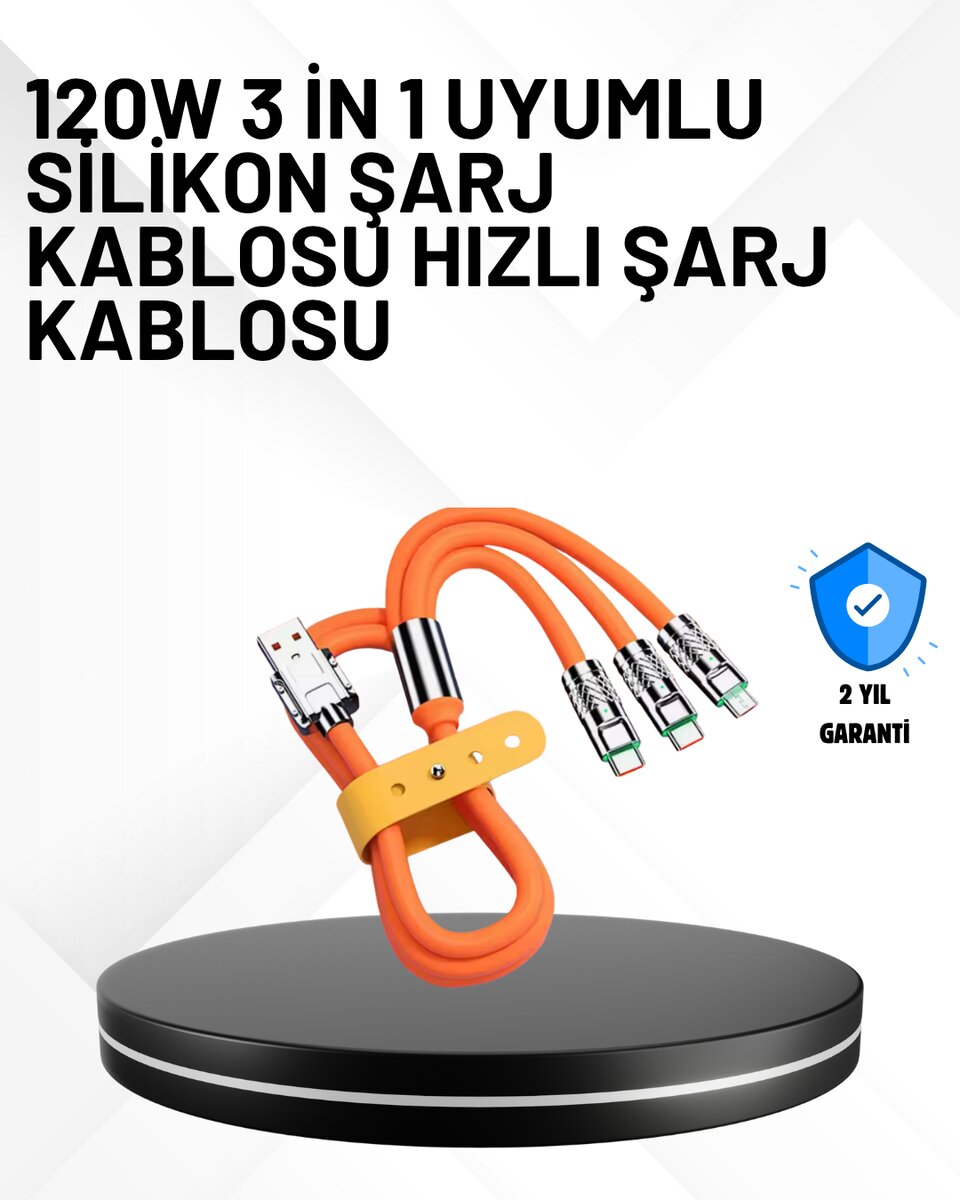 3’ü 1 Arada Kablo – 120W Hızlı Şarj ve Veri Aktarımı Özellikli