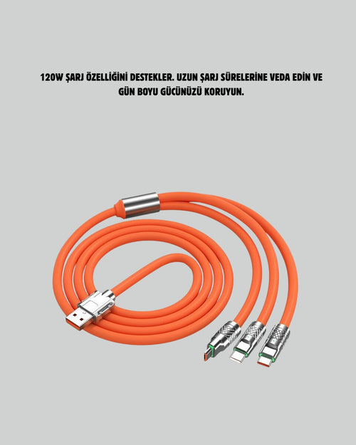 120 W Şarj ve Veri Aktarımı Kablo– 3 Başlıklı Çok Amaçlı Kablo Yüksek Hızlı
