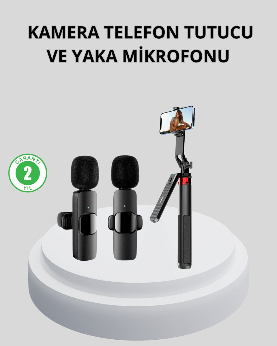 Kablosuz Çift Yaka Mikrofonu ve Tripodlu Selfie Çubuğu İçerik Üretici Seti