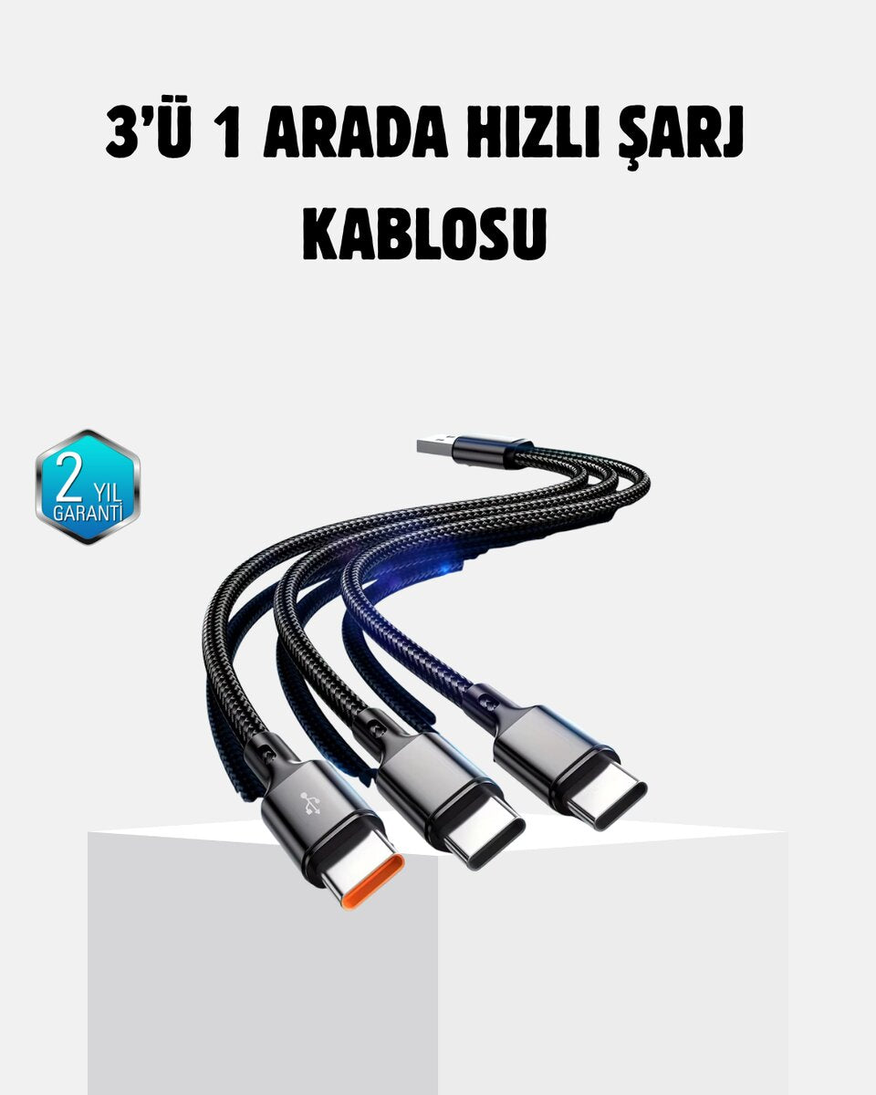 3 Başlıklı Hızlı Şarj Kablosu Metal Alaşımlı Dayanıklı ve Akıllı Çipli